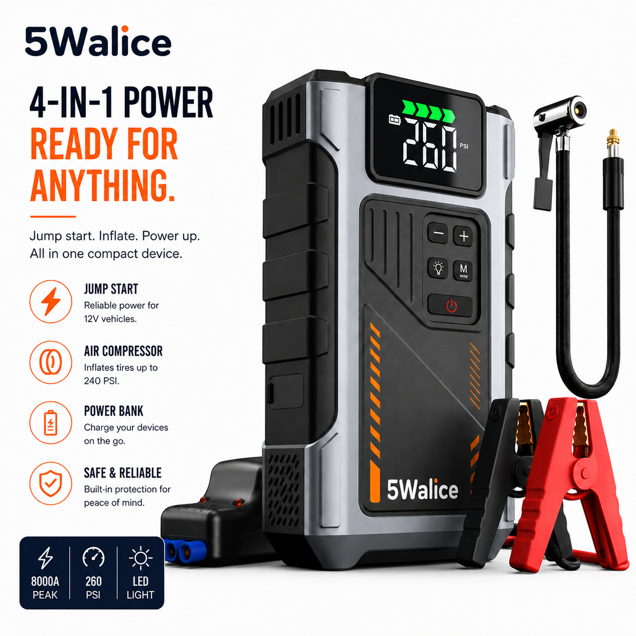 5Walice 3-in-1 portable car jump starter with air compressor