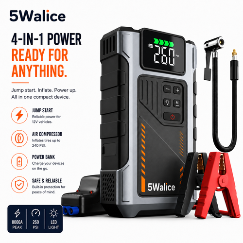 5Walice 3-in-1 portable car jump starter with air compressor