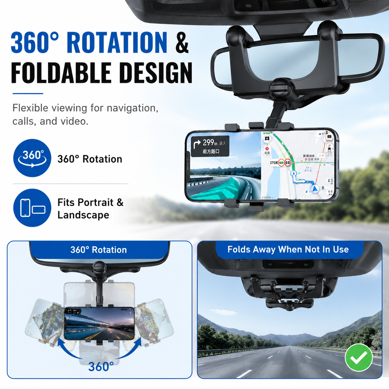 5Walice 360 rearview mirror car phone mount GPS holder — view 2