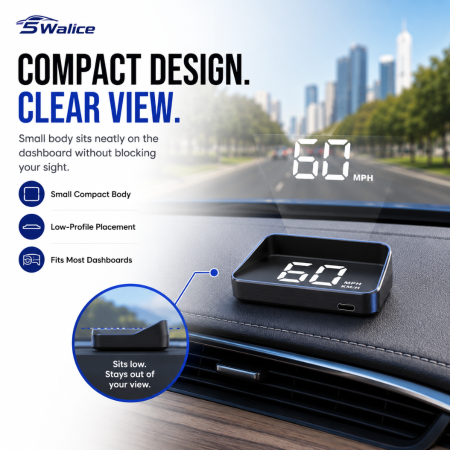 Car dashboard with a compact display showing speed, with a cityscape in the background.