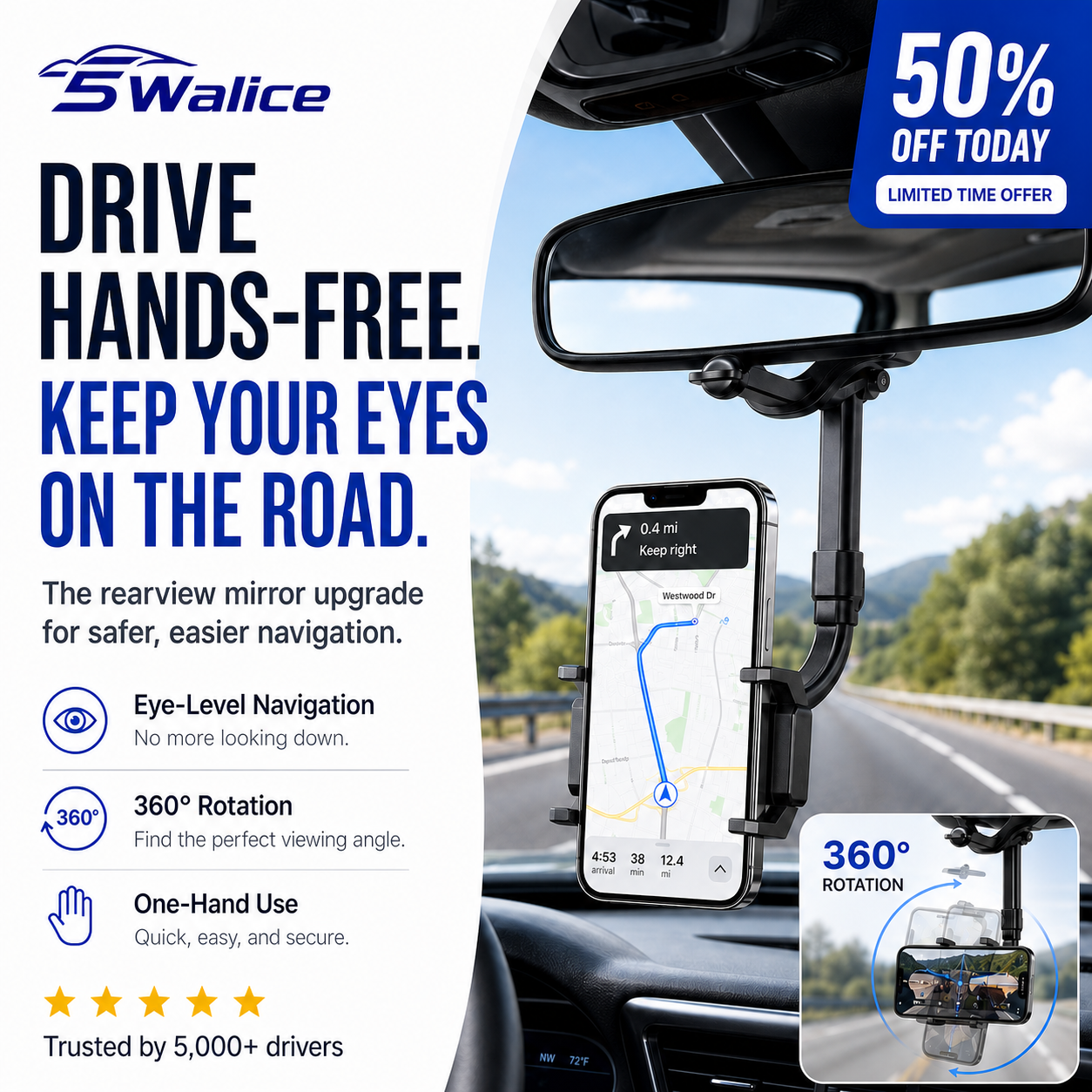 5Walice 360 rearview mirror car phone mount GPS holder