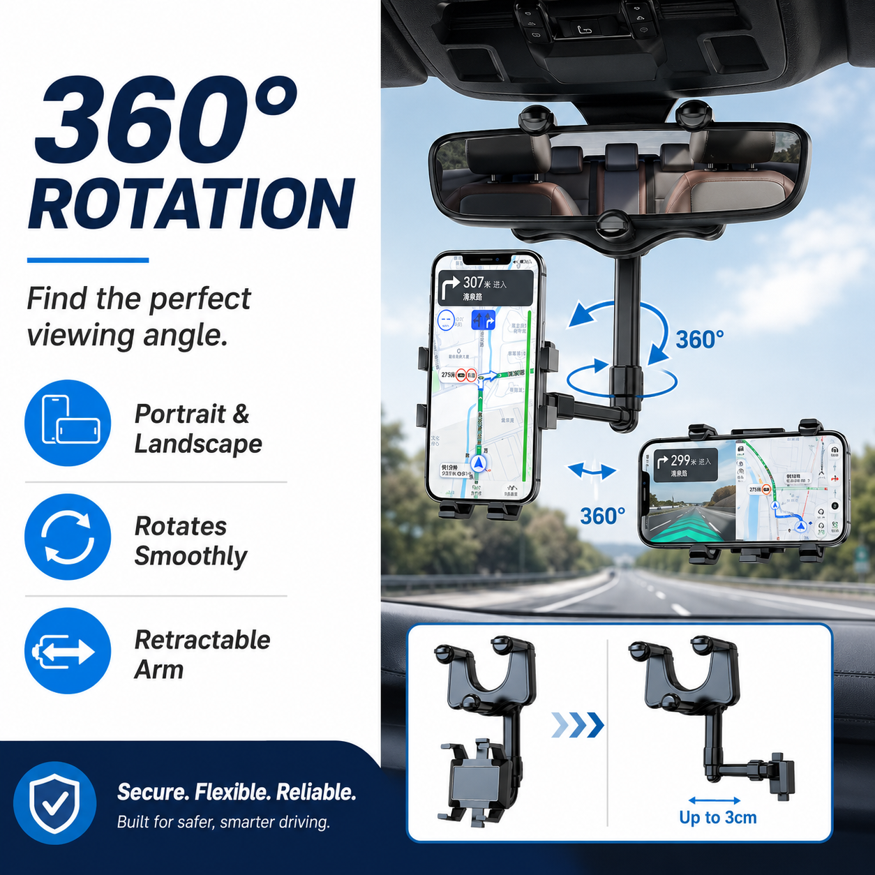 5Walice 360 rearview mirror car phone mount GPS holder — view 4