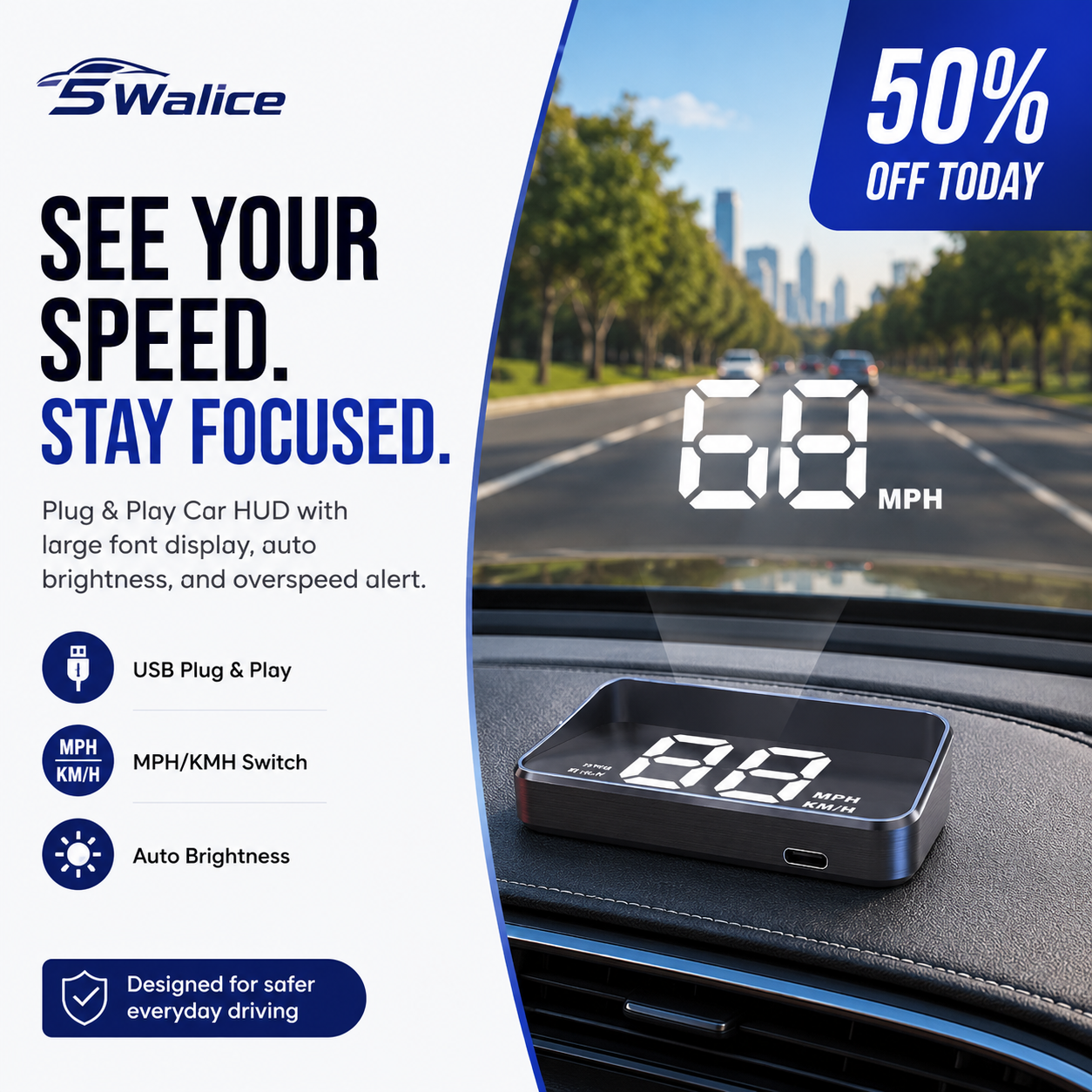 5Walice™ Car HUD — GPS Speedometer